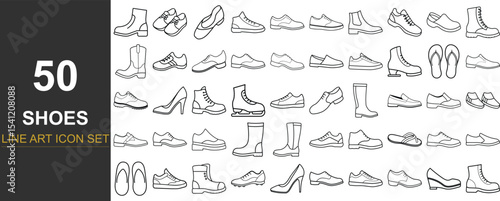 50 Stylish Footwear Line Art Vector Icons Featuring a Variety of Shoe Types from Casual Sneakers to High Heels, Formal Dress Shoes, and Functional Work Boots for Digital and Print Design