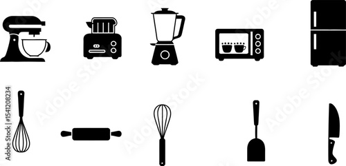 Kitchen appliances vector icons set cooking equipment mixer toaster blender refrigerator microwave utensils 100 editable stock vector illustration