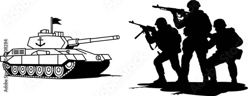 Tank and soldiers vector illustration military army war machine combat troop warfare weapon silhouette editable stock vector illustration
