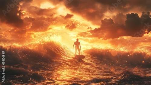 Silhouette of a surfer riding a wave at fiery sunset.