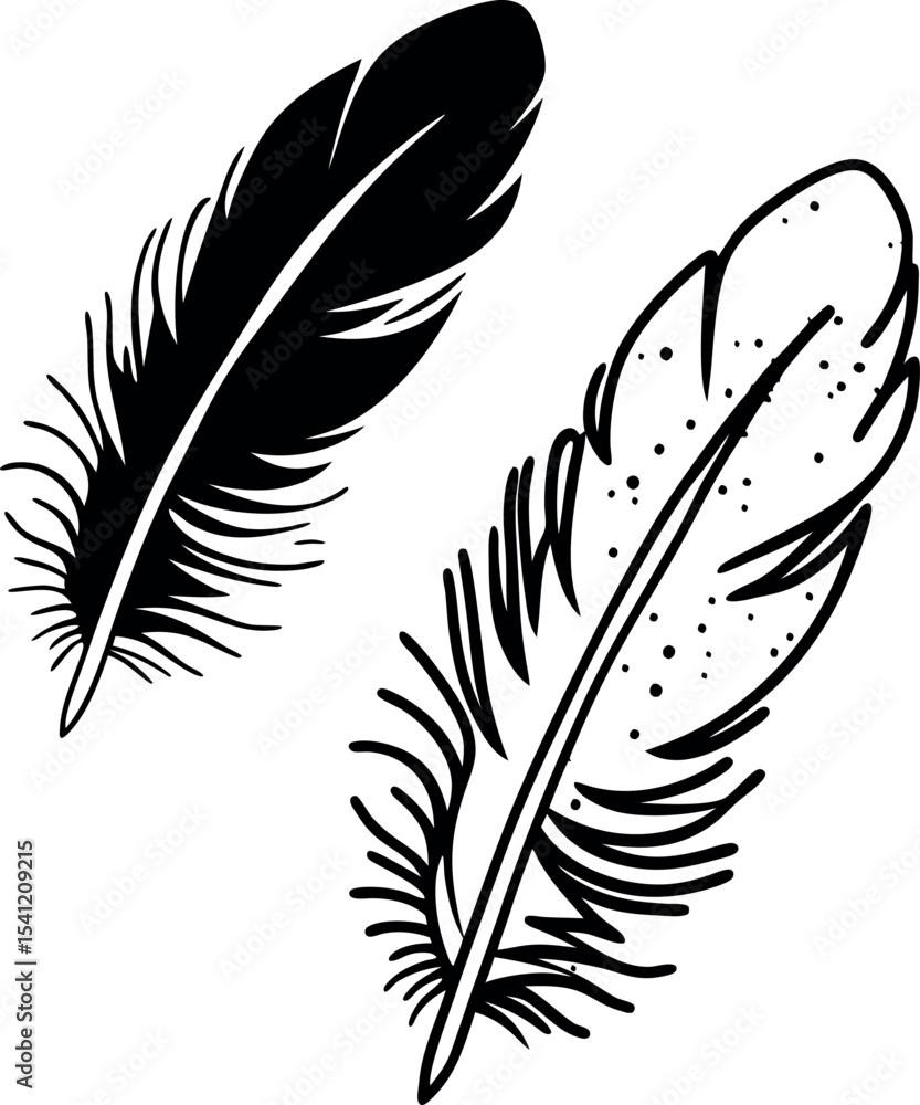 Obraz premium Feather black silhouette Hand drawing a sketch of feather icons