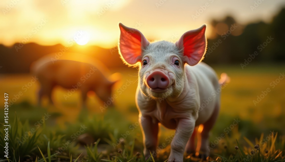 Piglet enjoys a sunny evening on a farm; other pigs graze in the background at sunset , pink, swine, agriculture Piglet enjoys a sunny evening on a farm; other pigs graze in the background at sunset , pink, swine, agriculture