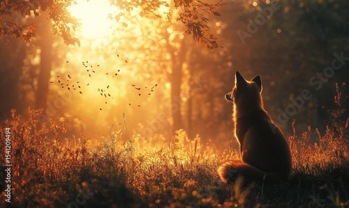 serene sunrise over a quiet forest clearing with a fox watching from the shadows and birds singing softly, Generative AI