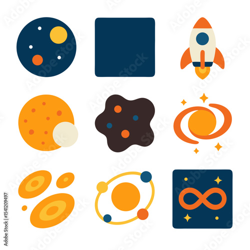 Flat vector icons showing space themes including planets, galaxies, orbits, infinity symbol, stars, and rocket launch in colorful minimal design.
