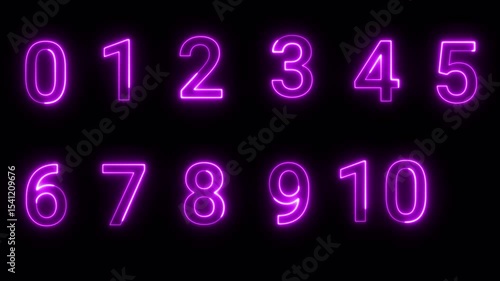 neon glow 0 to 10 text number sign animation on black background, neon colorful 0 to 10 numbers animated with alpha channel.