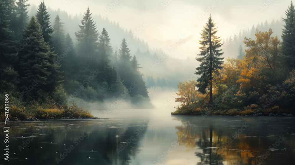 Serene autumn landscape by a misty river Serene autumn landscape by a misty river