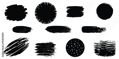 Grunge brush stroke shape collection in black ink style for abstract design elements.