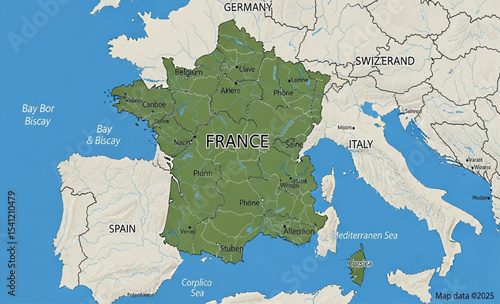 Map of France showing country borders and geographical features