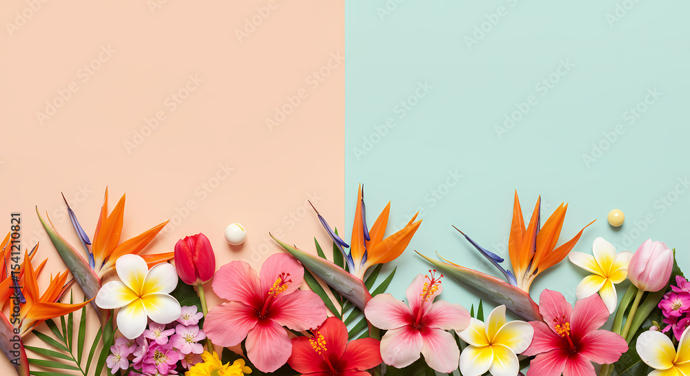 Naklejka premium Floral Border: A vibrant floral border with a variety of colorful blooms and lush green foliage is presented against a dual-toned background, offering a fresh and cheerful aesthetic.