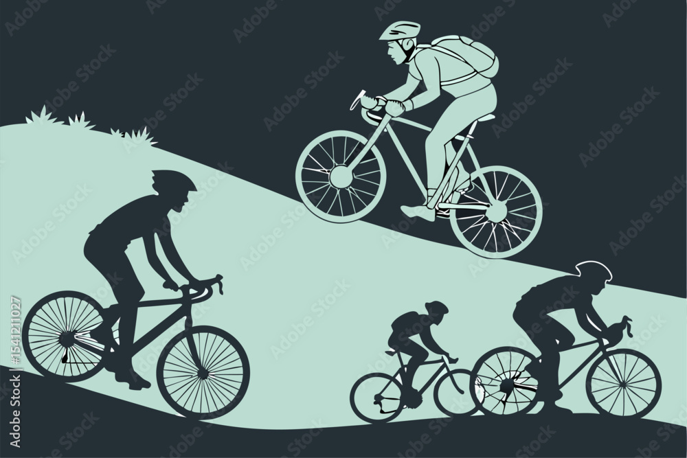 Obraz premium Silhouette Set of Bicycles and Cyclists