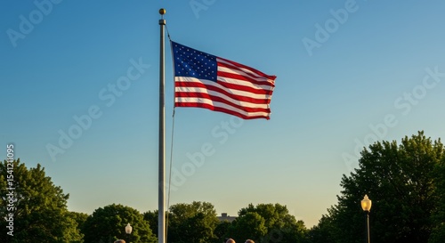 American Flag Waving on Pole in Park