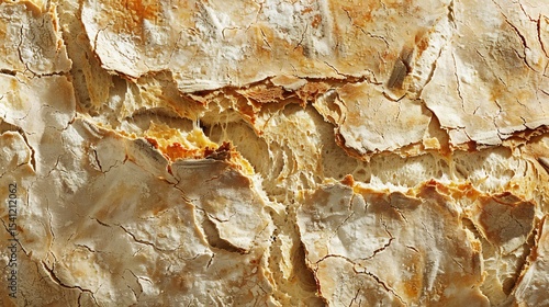Close up of a rustic sourdough bread loaf with a crisp crust beautifully textured against a soft white background