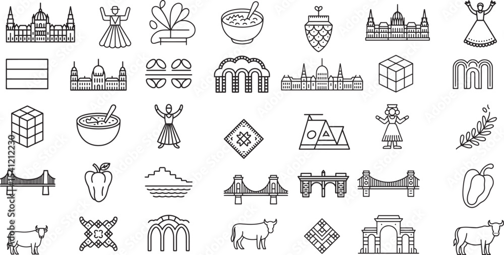Naklejka premium Detailed Outline Icons Set Representing Hungarian Culture and Landmarks