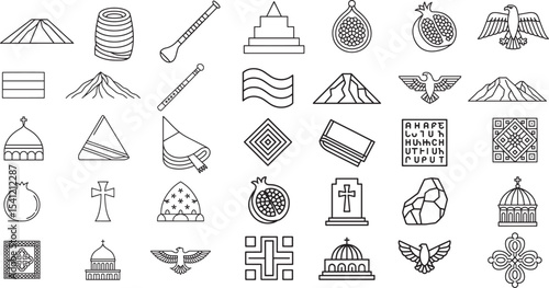 Comprehensive Armenian Culture and Traditional Symbols Outline Icons Set