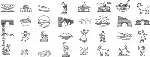 Detailed North Macedonian Culture and Heritage Outline Line Icons Set