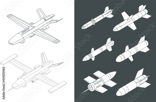 Isometric military drone and missile vector illustration for defense and warfare technology design editable stock vector illustration