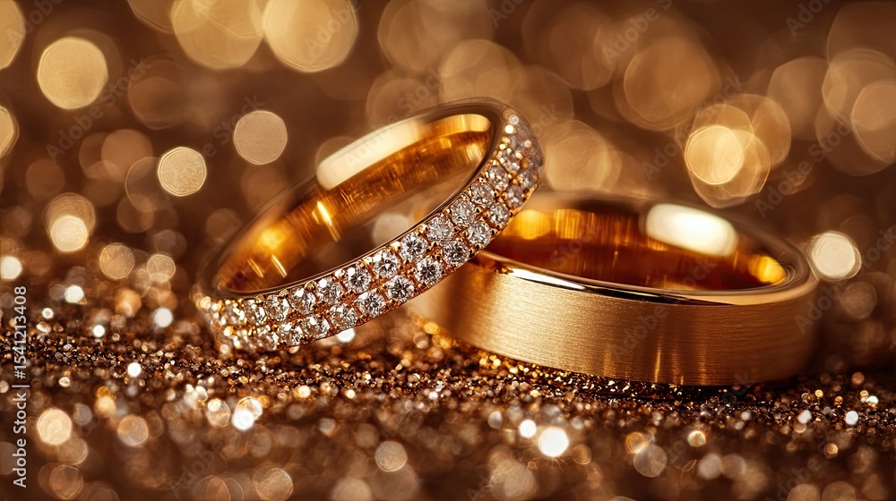 Elegant golden wedding rings with diamonds on a glittering bokeh background in soft lighting. Elegant golden wedding rings with diamonds on a glittering bokeh background in soft lighting.