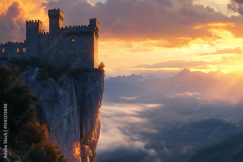 Fototapeta premium Majestic castle perched on a cliff at sunset, overlooking a misty valley and mountains