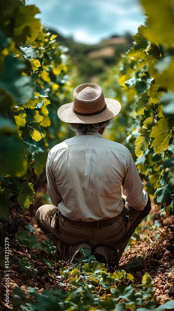 Fototapeta premium A senior farmer examines the soil in a lush vineyard