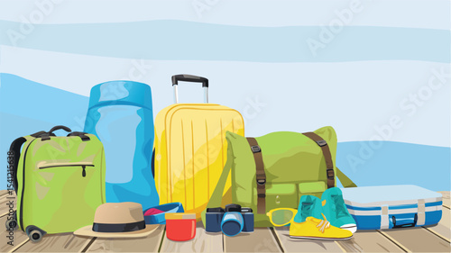 Illustration of assorted luggage and travel accessories arranged on a wooden surface for a vacation trip