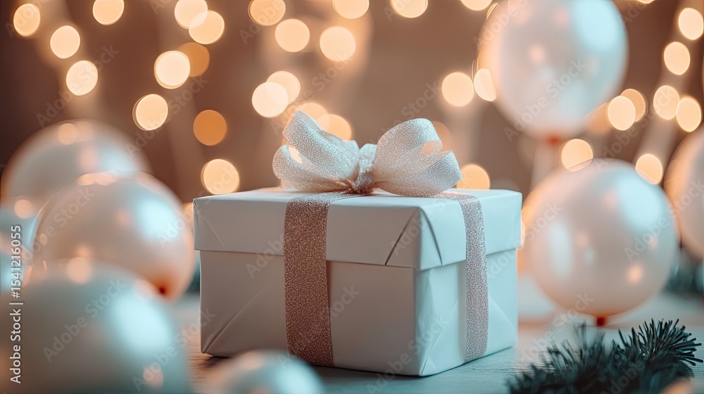 Elegant white gift box with ribbon surrounded by glowing balloons and soft bokeh lights. Elegant white gift box with ribbon surrounded by glowing balloons and soft bokeh lights.
