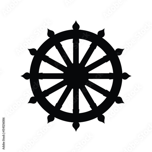 Dharma wheel silhouette vector illustration, Buddhist symbol, spiritual icon, black religious design element