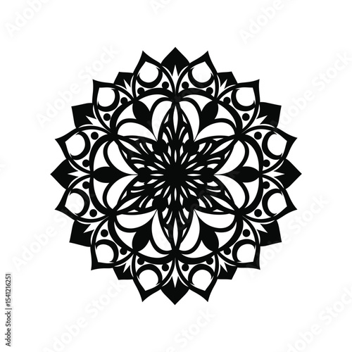 Mandala silhouette vector illustration, decorative circular pattern, spiritual symbol, black ornamental design
