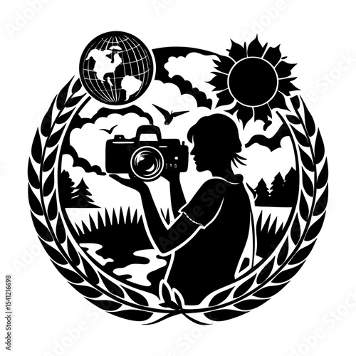 Silhouette of person with camera in nature scene with globe and sun art