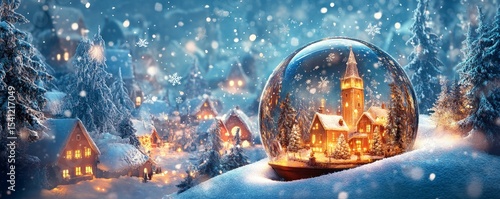 artistic depiction of a snow globe featuring a glowing village scene surrounded by swirling snowflakes and frosted trees, Generative AI