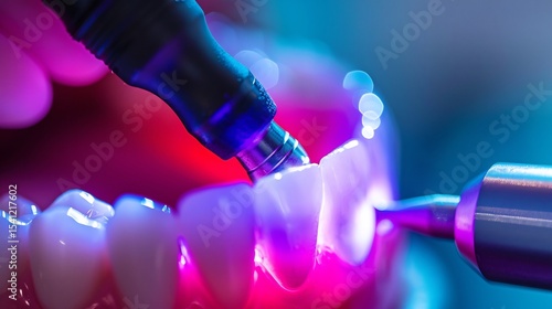 Close up of a UV light curing a composite resin dental filling ensuring strong adhesion