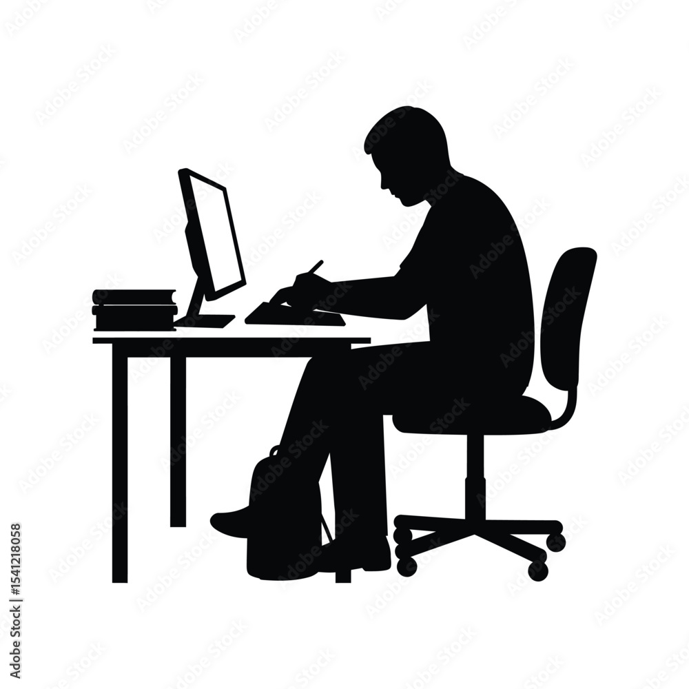 Student at desk silhouette vector illustration, studying person icon, education, school, learning design
Student at desk silhouette vector illustration, studying person icon, education, school, learning design