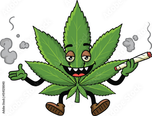 Funny cartoon marijuana leaf character smoking joint, weed mascot illustration with shoes, arms, smoke clouds, cannabis humor concept, green leaf design, stoner lifestyle vector art