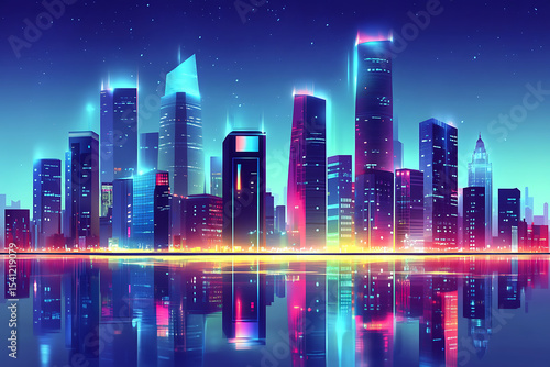 Futuristic city skyline at night with glowing buildings and reflections on water, vibrant colors