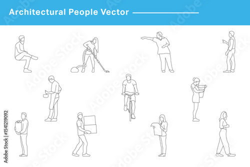 CAD Drawing. Vector illustration of men, women, standing walking talking in front back and side view. Symbol for architecture and landscape design drawing.	