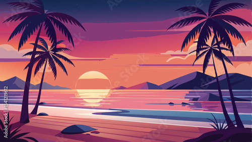 Sunset beach scene with palm trees illustration.
