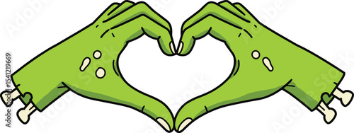 Green zombie hands forming heart symbol, cartoon horror gesture with bones, spooky undead love illustration, Halloween monster arms in romantic pose, vector creepy love sign