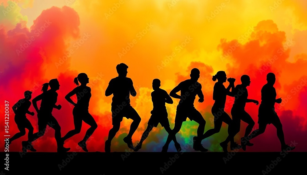 Fototapeta premium Vibrant silhouettes of athletes in action against colorful backgrounds, vector, digital