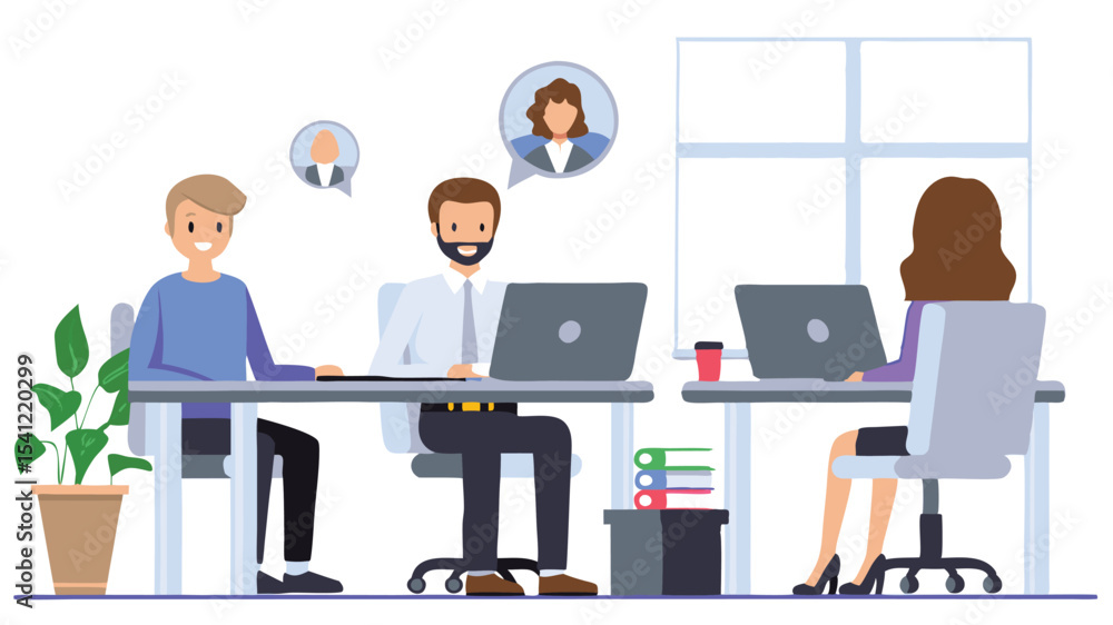 Illustration of three people in a modern office setting working on laptops during a video conference Illustration of three people in a modern office setting working on laptops during a video conference