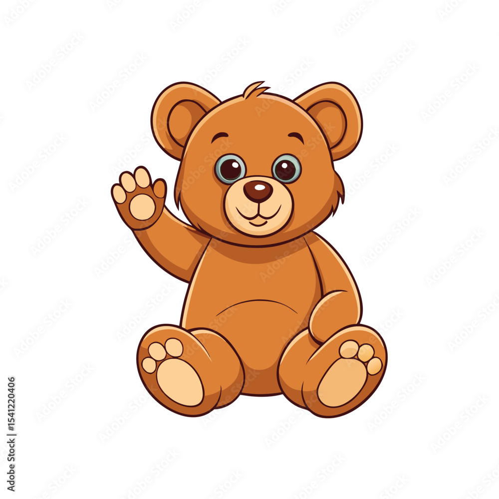 Obraz premium Cartoon Brown Teddy Bear Sitting and Waving with Paws on a White Background