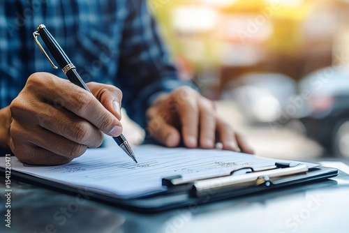 Auto check-up and car service shop concept: Mechanic writing job checklist to estimate repair quotations at a workshop., Generative AI