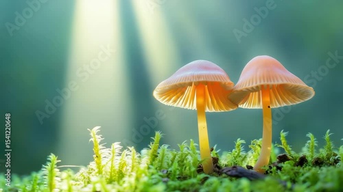 Wallpaper Mural Two orange mushrooms growing on moss in sunlight beams Torontodigital.ca