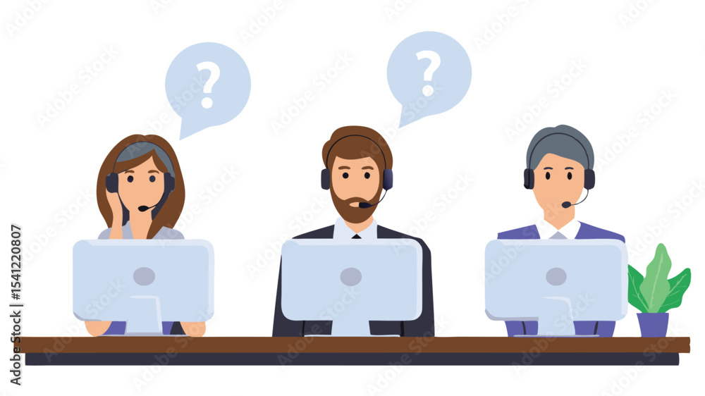 Three customer service representatives with headsets working at computers with question marks above them Three customer service representatives with headsets working at computers with question marks above them