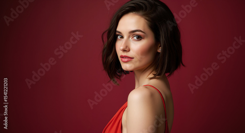 Wallpaper Mural Woman with brown textured bob haircut in red dress against burgundy background. Modern hair styling and cutting techniques for salon treatments and elegant beauty services Torontodigital.ca