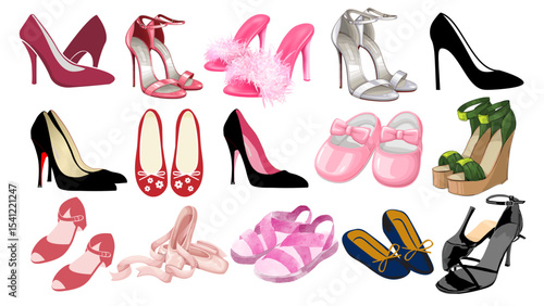 Assortment of various styles of women's footwear including heels sandals and flats in different colors