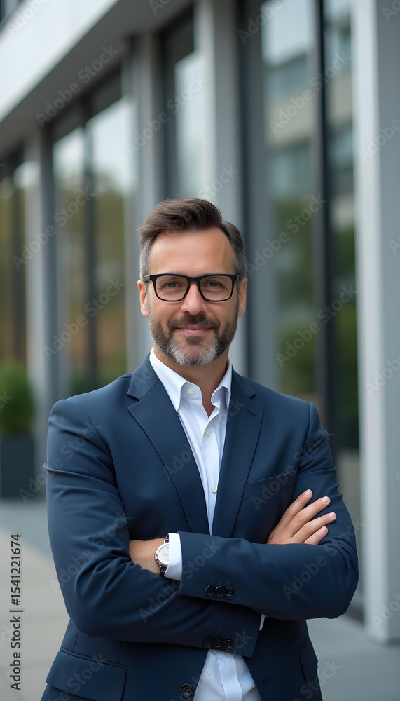 Confident male professional stands with arms crossed in modern office wearing formal business attire exuding success and leadership Confident male professional stands with arms crossed in modern office wearing formal business attire exuding success and leadership