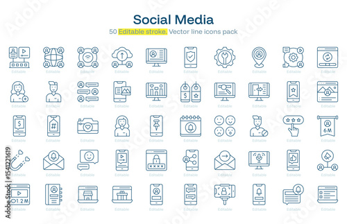 Social Media line icon pack. Social Media Stroke icon set. Editable Stroke icon