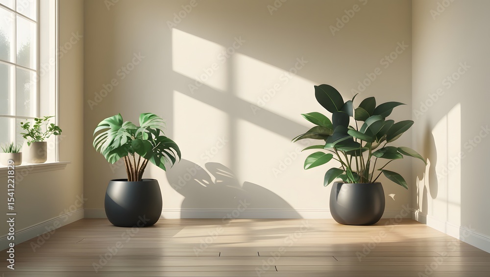 Empty room with plants in pots, 3d rendering. aesthetic bright background. Empty room with plants in pots, 3d rendering. aesthetic bright background.
