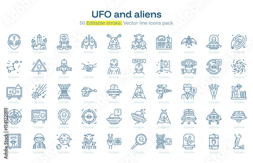 UFO and aliens line icon pack. UFO and aliens Stroke icon set. Editable Stroke icon.
