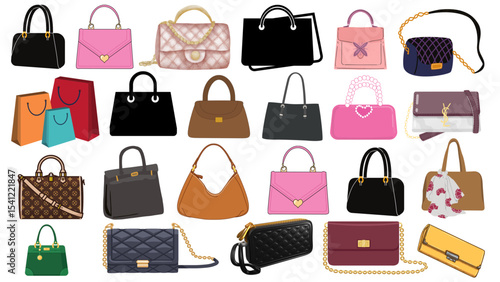 Collection of various styles of handbags and shopping bags in different colors and designs displayed neatly
