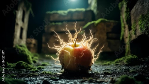 Glowing root-covered apple spinning in ruins